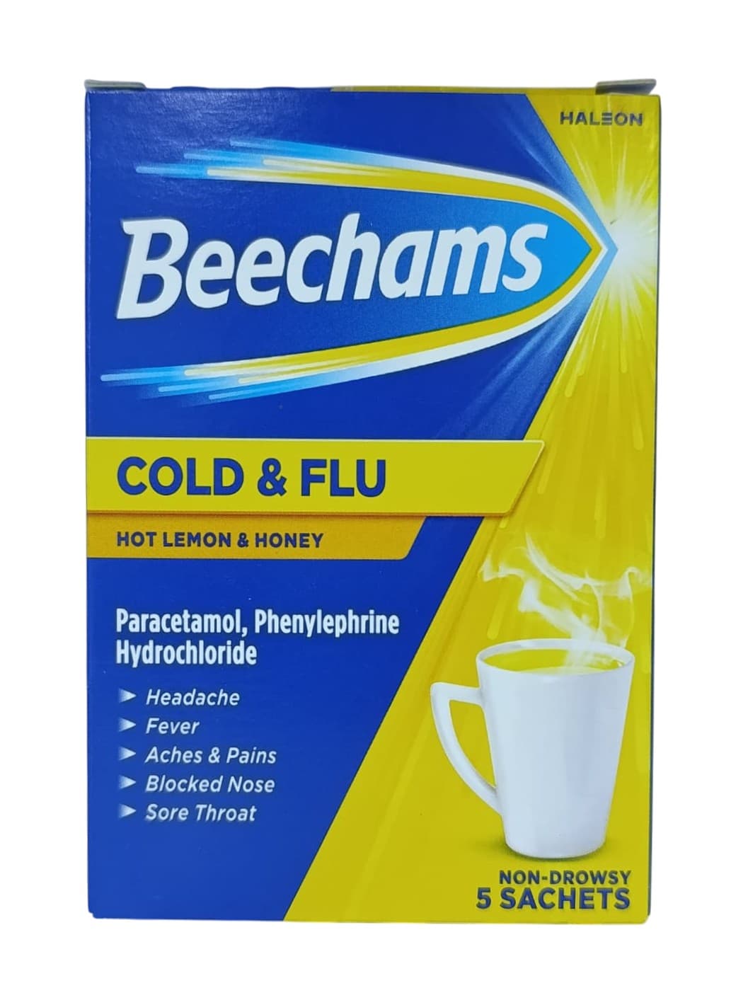 HALEON BEECHAMS COLD AND FLU HOT LEMON AND HONEY NON DROWSY 5 SACHETS
