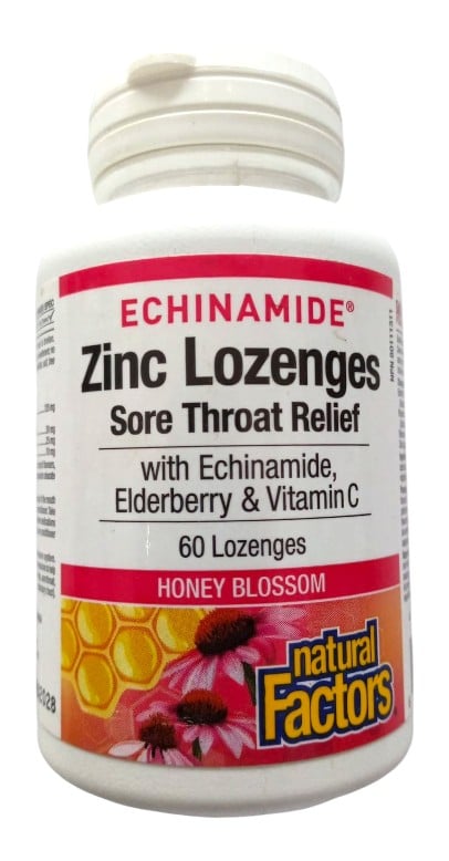 NATURAL FACTORS ZINC SORE THROAT LOZENGES 60'S