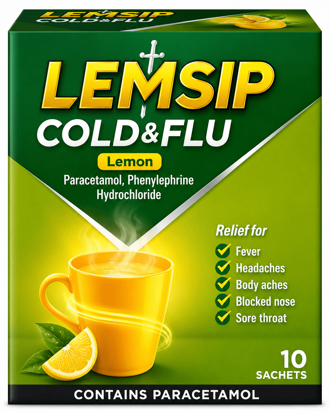 LEMSIP MAX COLD AND FLU LEMON PARACETAMOL PHENYLEPHRINE HYDROCHLORIDE 10 SACHETS