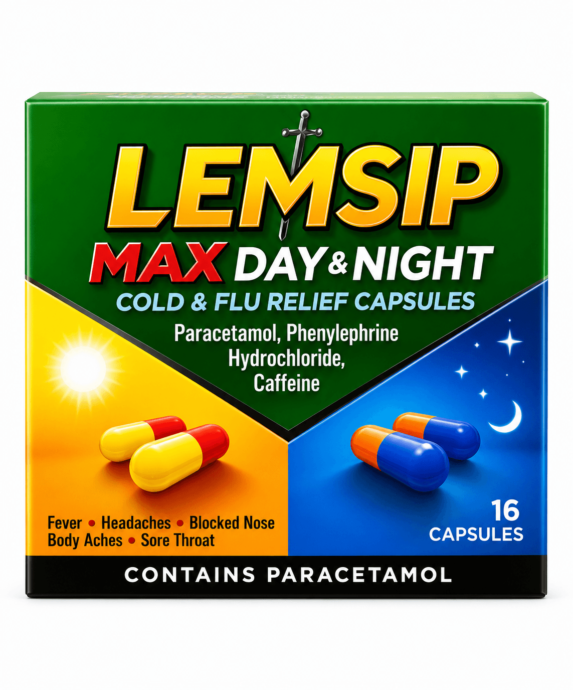 LEMSIP MAX DAY AND NIGHT COLD AND FLU RELIEF 16 CAPSULES